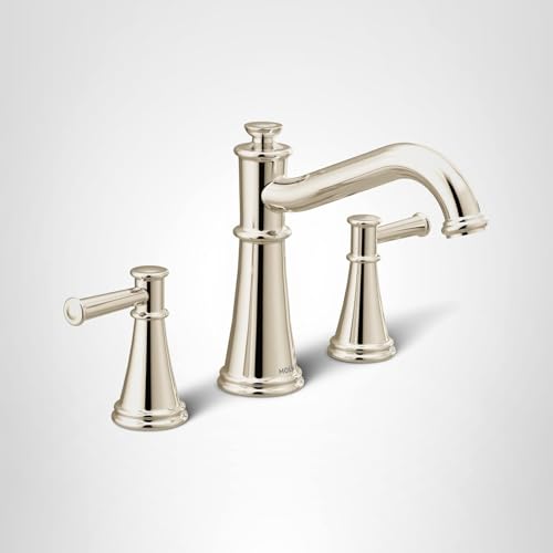 Polished nickel two-handle deck-mounted Roman tub faucet with curved spout and lever handles.