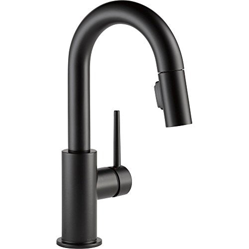 Black single-handle kitchen faucet with pull-down sprayer and curved spout.