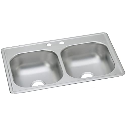 Stainless steel double bowl drop-in sink with two faucet holes and equal-sized basins.