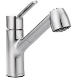 Chrome single-handle kitchen faucet with pullout sprayer head and cylindrical spout.