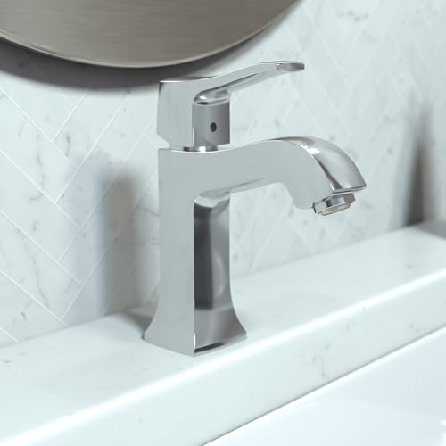 Chrome single-hole bathroom faucet with lever handle mounted on white marble sink counter.