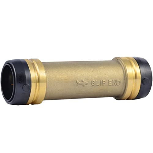 Brass slip coupling with black grip rings and "SLIP END" marking on center barrel.