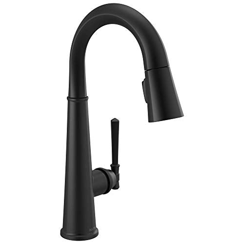 Black single-handle pull-down faucet with curved spout and side lever control.
