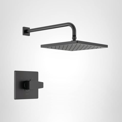Matte black shower trim kit with square wall-mounted valve and rectangular overhead showerhead with curved arm.