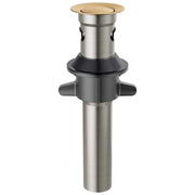 Champagne bronze and stainless steel push pop drain assembly with overflow and control lever handles.