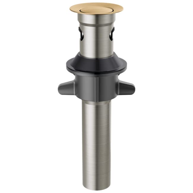 Champagne bronze and stainless steel push pop drain assembly with overflow and control lever handles.