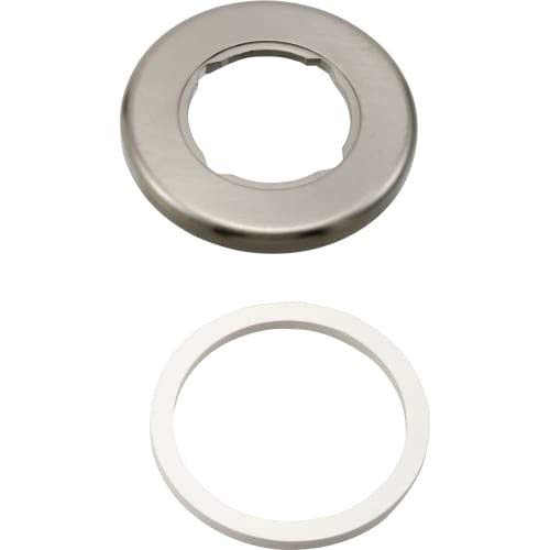 Stainless steel round base and white rubber gasket for soap dispenser pump.