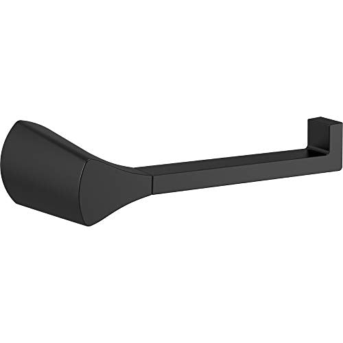 Black Delta Zura tissue holder with curved cylindrical roll housing and extended rectangular arm mount.