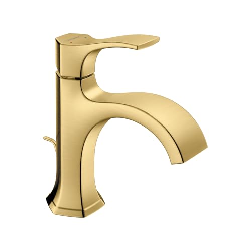 Brushed gold single-hole bathroom faucet with curved spout and single lever handle.