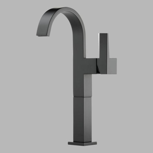 Modern dark gray single-handle vessel faucet with tall curved spout and rectangular base.