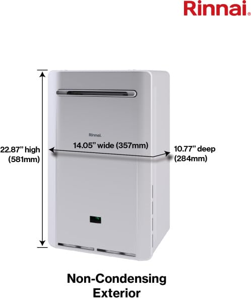 Rinnai tankless water heater unit with dimensions: 22.87" height, 14.05" width, 10.77" depth, non-condensing exterior model.