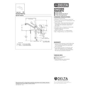 Delta chrome single-handle kitchen faucet with integrated sidespray and technical specifications diagram.