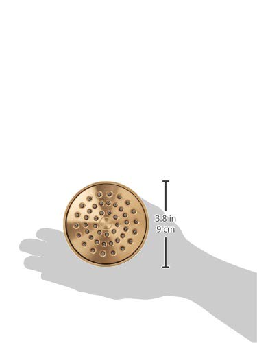 Round brushed gold shower head with multiple spray holes, 3.8 inches diameter, displayed on hand showing scale.