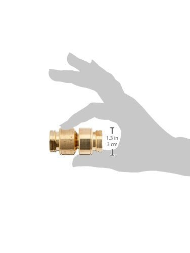 Brass dual check vacuum breaker valve with 3/8 inch connectors displayed against a hand silhouette showing scale.