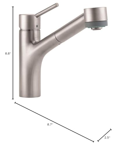 Steel Optic kitchen faucet with pull-out spray head and single lever handle, 8.8" height.