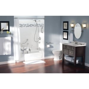 Chrome grab bar with integrated toilet paper holder mounted on bathroom wall beside shower enclosure.