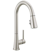 Stainless steel single-handle kitchen faucet with high curved spout and pull-down spray head.