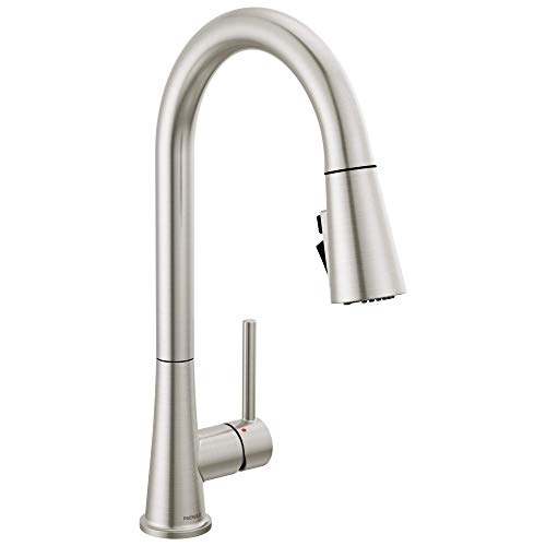 Stainless steel single-handle kitchen faucet with high curved spout and pull-down spray head.