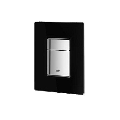 Black rectangular wall plate with chrome-finish rectangular button centered on face.