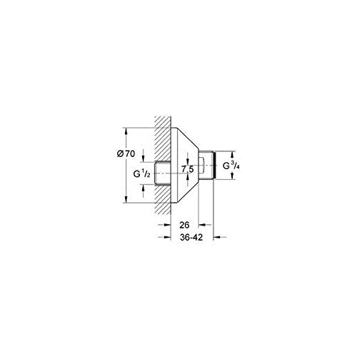 Chrome S-union connector with technical dimensions and thread specifications labeled.