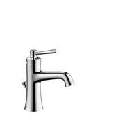 Chrome single-hole bathroom faucet with curved spout and lever handle on cylindrical base.