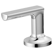 Chrome pull-down faucet lever handle with cylindrical spout and round base.