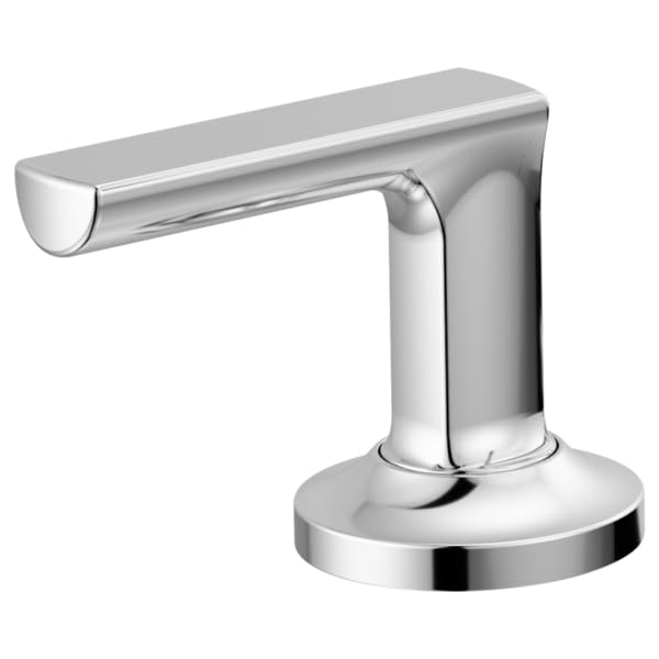 Chrome pull-down faucet lever handle with cylindrical spout and round base.