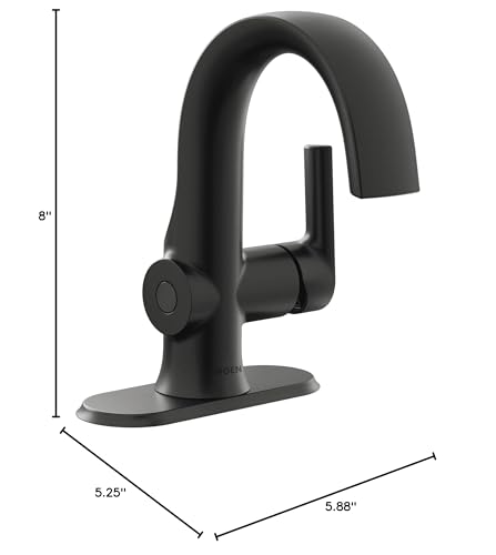 Matte black single-handle bathroom sink faucet with curved spout and motion sensor control, 8 inches tall.