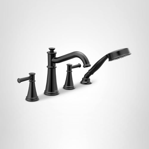 Matte black two-handle deck mount Roman tub faucet with curved spout and detached handheld showerhead.