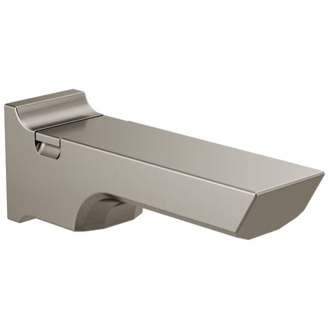 Stainless steel tub spout with pull-up diverter and curved spout design.