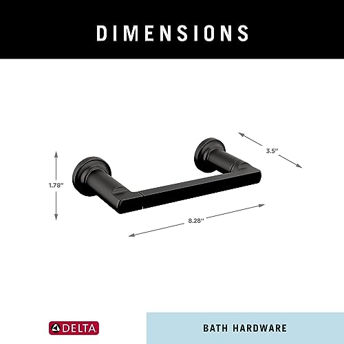 Matte black tissue holder with cylindrical end caps and dimensions labeled: 8.28" width, 1.78" height, 3.5" depth.
