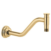 Polished gold angled shower arm with circular wall flange and threaded connector outlet.
