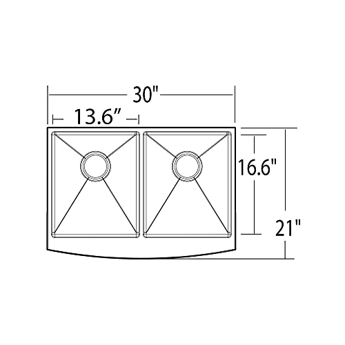 Stainless steel double bowl farmhouse sink with apron front, 30" wide by 21" deep, featuring two equal rectangular bowls with