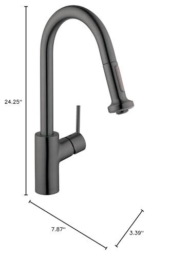 Brushed black chrome high-arc kitchen faucet with pull-down spray head and single lever handle, 24.25 inches tall.