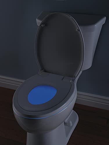 White round toilet seat with blue nightlight, slow-close lid and quick-release mechanism.