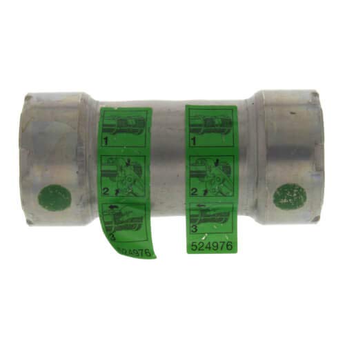 Viega MegaPress 1/2" press coupling with zinc-nickel coating, green indicator bands, and transparent end caps.
