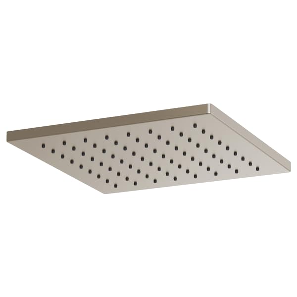 Square brushed nickel raincan showerhead with multiple spray holes across flat surface.