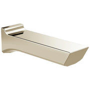 Polished nickel tub spout with curved basin and wall-mounted bracket, angled spout design.