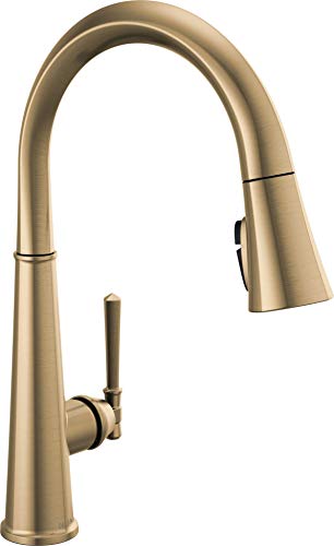 Champagne bronze single handle pull-down kitchen faucet with curved spout and side lever control.