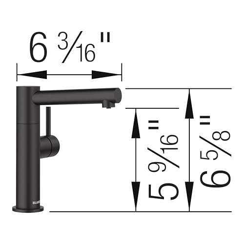 Matte black single-handle beverage faucet with curved spout and dimensions labeled in inches.