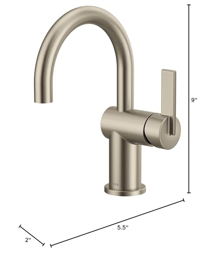 Brushed nickel single-handle bathroom faucet with curved spout and rectangular lever handle, 9 inches tall.