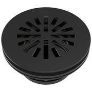 Matte black round shower drain with radial slot pattern and recessed basin design.