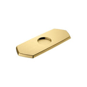 Brushed gold octagonal base plate with single center hole for faucet installation.