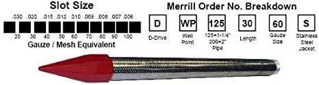 Merrill 1-1/4" stainless steel drive point with red bullet tip and 60 grit screen, shown actual size with gauge reference cha
