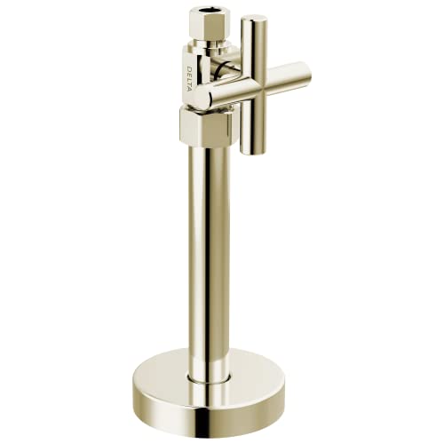 Polished brass supply stop valve with cross handle and round base, vertical orientation.