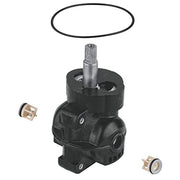Black thermostatic cartridge with metal stem and two brass inlet/outlet components shown separately.