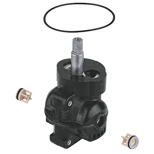 Black thermostatic cartridge with metal stem and two brass inlet/outlet components shown separately.