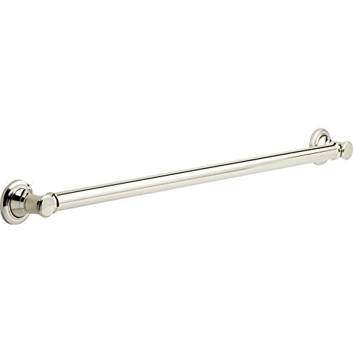 Chrome-plated horizontal grab bar with decorative circular mounting flanges at each end.