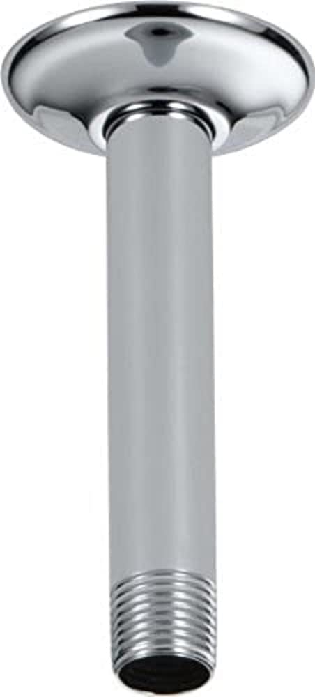 Chrome ceiling-mounted shower arm with round flange and threaded connection port.