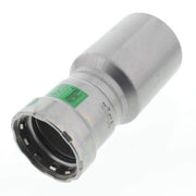 Silver metal press reducer with green label, larger diameter end on left and smaller press-fit end on right.
